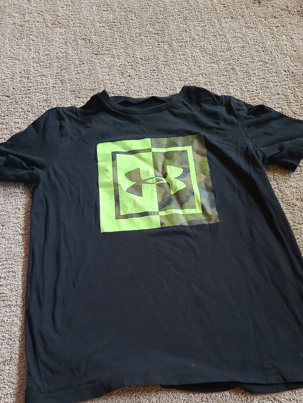 Under Armour Black Tee with Neon Green and Camo Logo Square